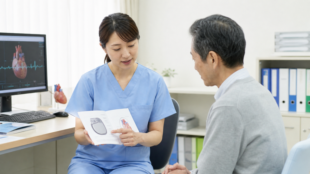 ペースメーカー外来で患者に説明する看護師