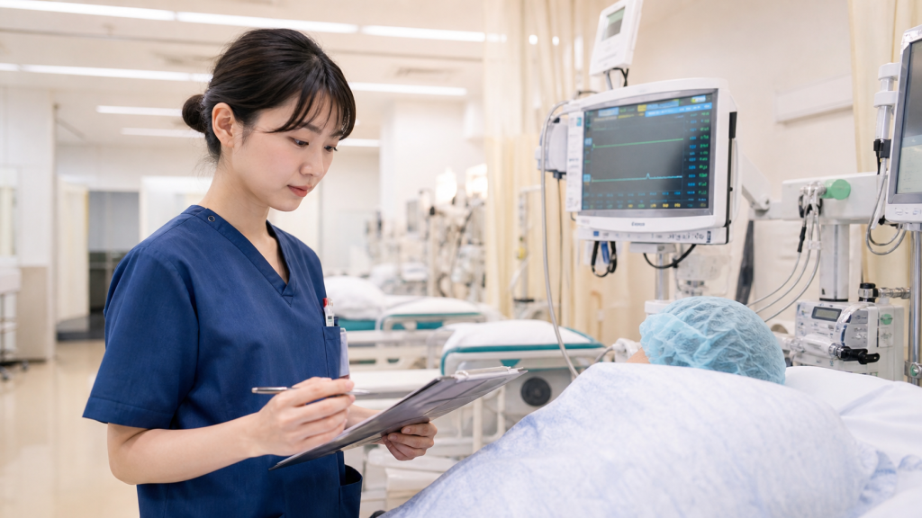PACU（術後回復室）でモニターと申し送り内容を確認する看護師