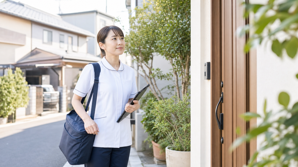 小児在宅看護師が訪問バッグを持って住宅を訪問する様子