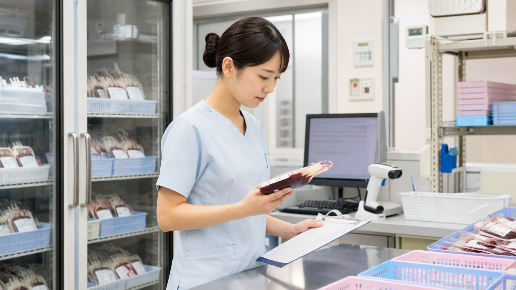 輸血部で血液製剤と確認書類を照合する看護師