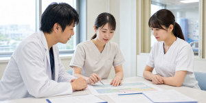 術後回復促進チームのカンファレンスで回復計画を確認する看護師