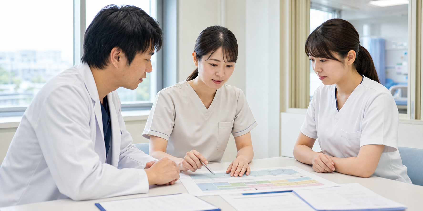 術後回復促進チームのカンファレンスで回復計画を確認する看護師