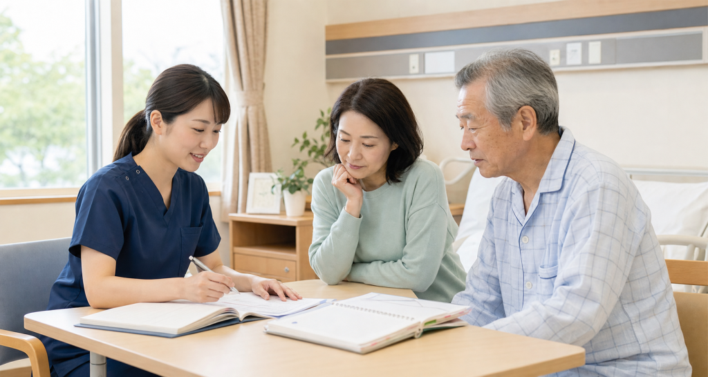 ACP支援チームの看護師が患者と家族に意思決定支援の面談を行う様子