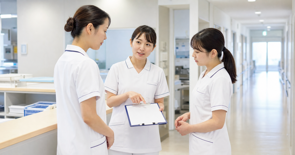 固定チームナーシングの役割分担を病棟で確認する看護師チーム