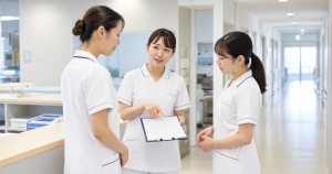 固定チームナーシングの役割分担を病棟で確認する看護師チーム