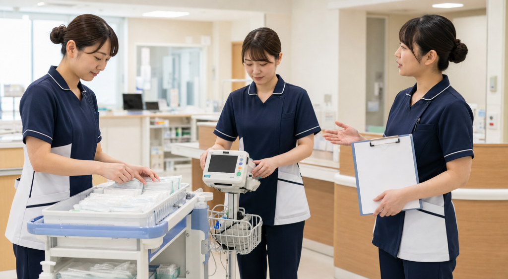 機能別看護方式の業務分担をナースステーションで確認する看護師
