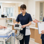 機能別看護方式の業務分担をナースステーションで確認する看護師
