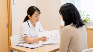 遺伝カウンセリング外来で家族歴資料を確認する看護師と相談者