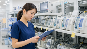医療機器安全管理室で輸液ポンプと点検表を確認する看護師