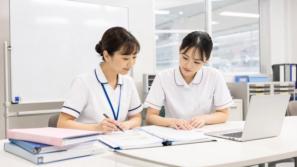 看護教育室で新人研修資料を確認する看護師と教育担当者