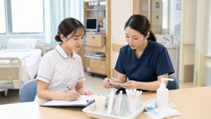 病棟で口腔ケア用品を確認する看護師と多職種スタッフの様子