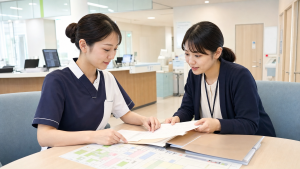 患者サポートセンターで入退院支援の書類を確認する看護師