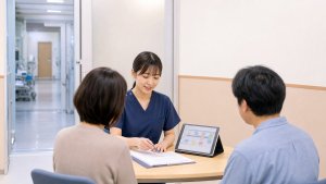 周術期管理センターで術前説明を行う看護師と患者家族