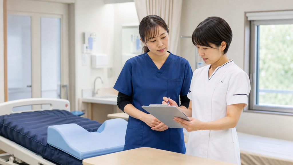 褥瘡対策チームで体圧分散マットレスとケア計画を確認する看護師
