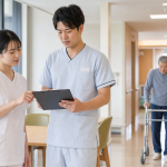 地域包括医療病棟で退院支援とリハビリ計画を確認する看護師