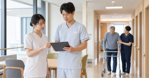 地域包括医療病棟で退院支援とリハビリ計画を確認する看護師