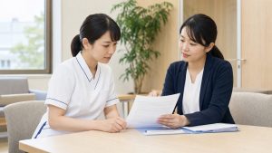 奨学金返済支援制度の求人条件を採用担当者と確認する看護師